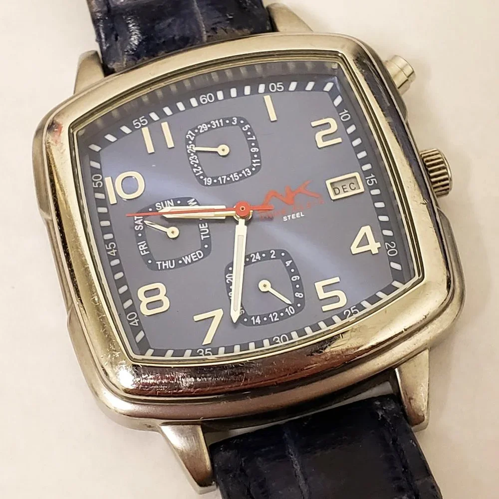 Anne Klein AK Navy Blue Day Date DOW 24-HR Red White Blue Square Face Watch